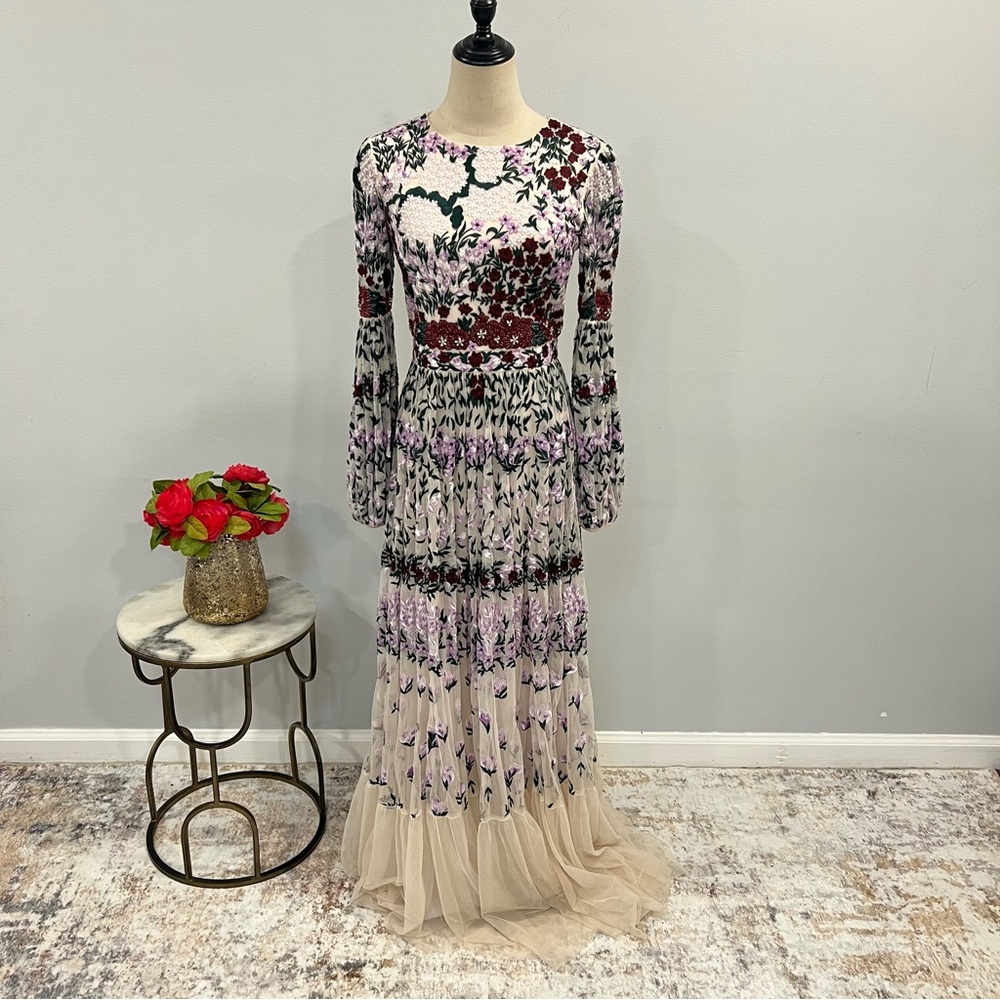 Mac Duggal Beige Multicolor Floral Embroidered Long Sleeves Maxi Evening Gown